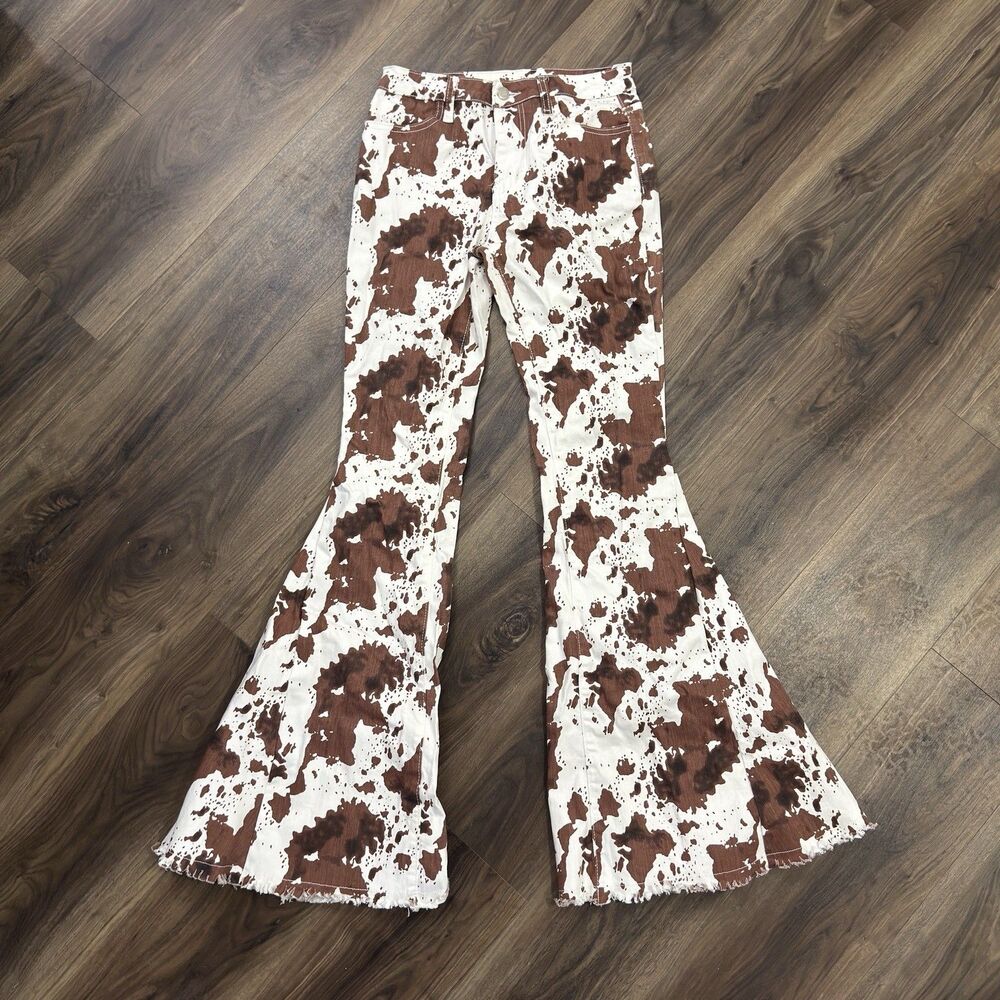 Wisteria Lane Black Cow Print Bell Bottom Flare Jeans Size S 28x33